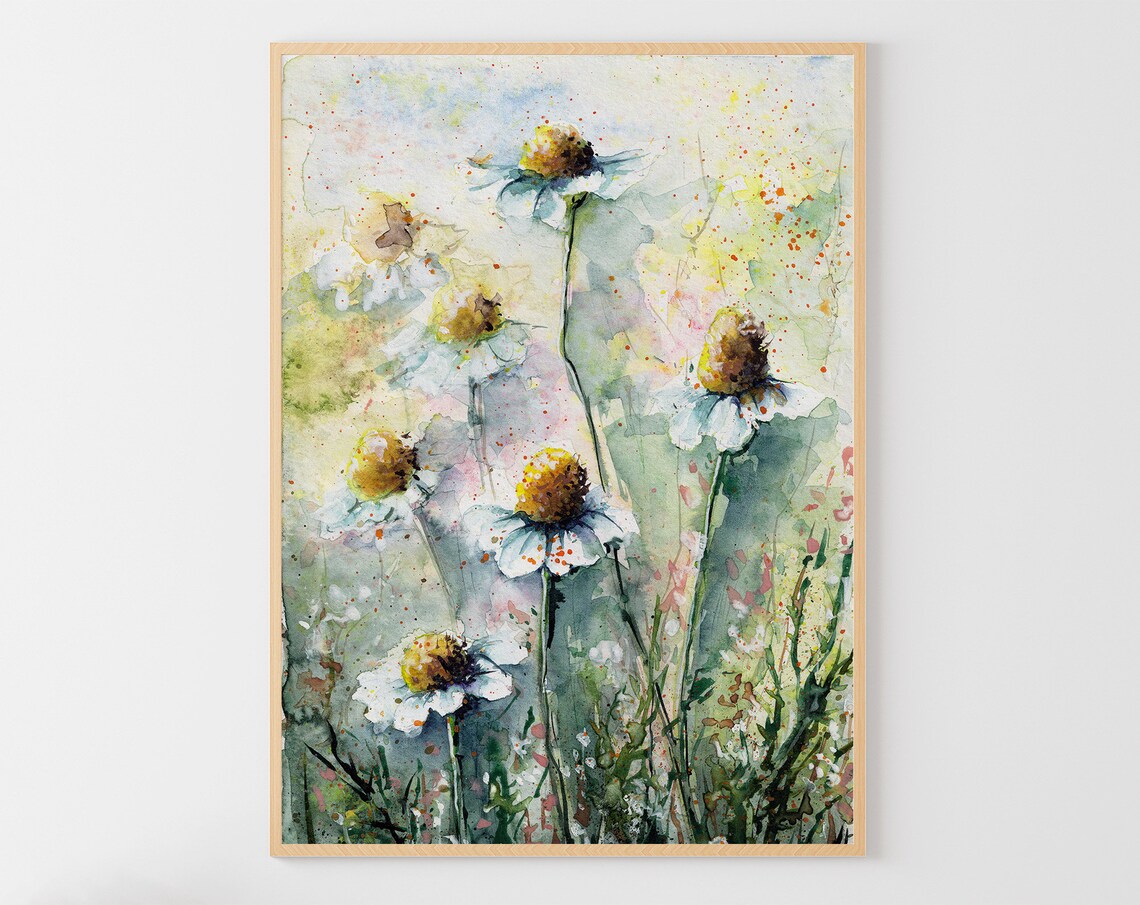 Daisy Watercolor Meadow Art Print, Floral Wall Decor