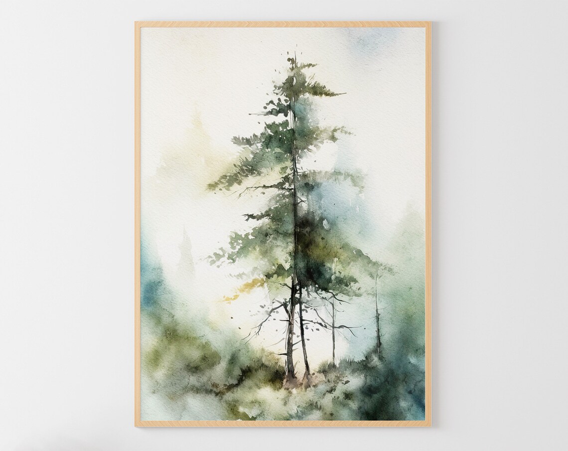 Pine Tree Watercolor Misty Forest Landscape Art Print