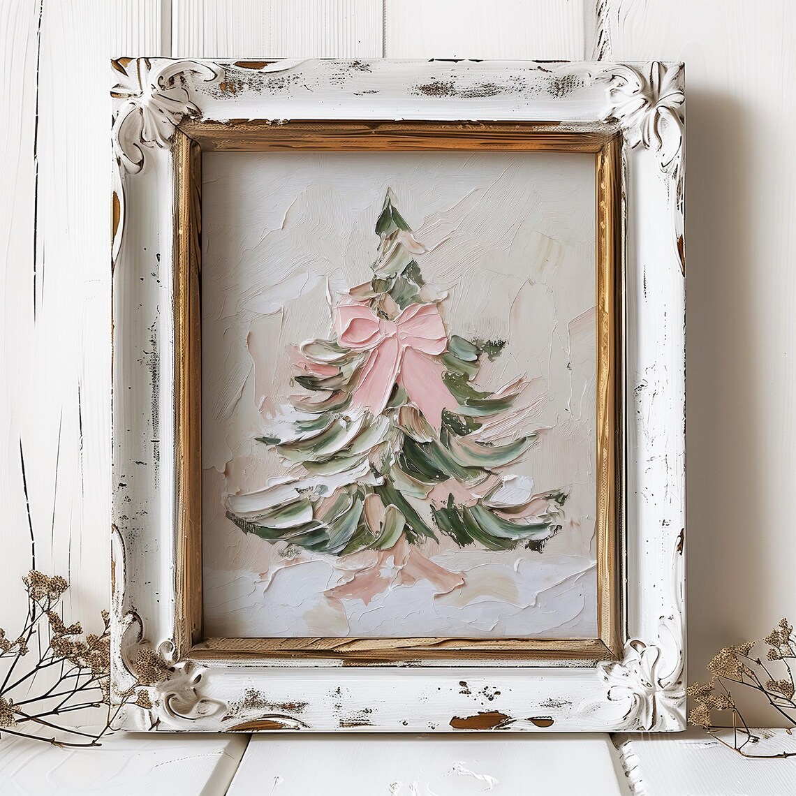Christmas Tree Oil Print With Pink Bow, Holiday Poster - Image 4