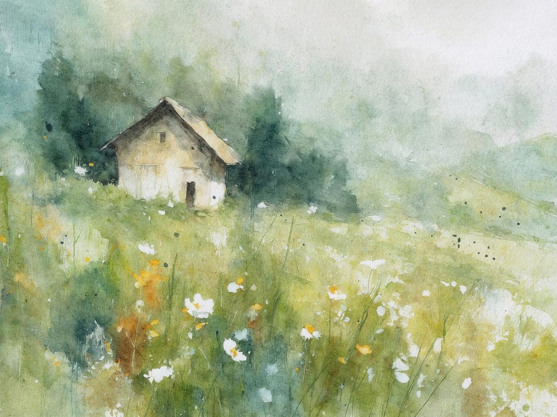 Rustic Cabin Watercolor Meadow Wildflowers Countryside Poster