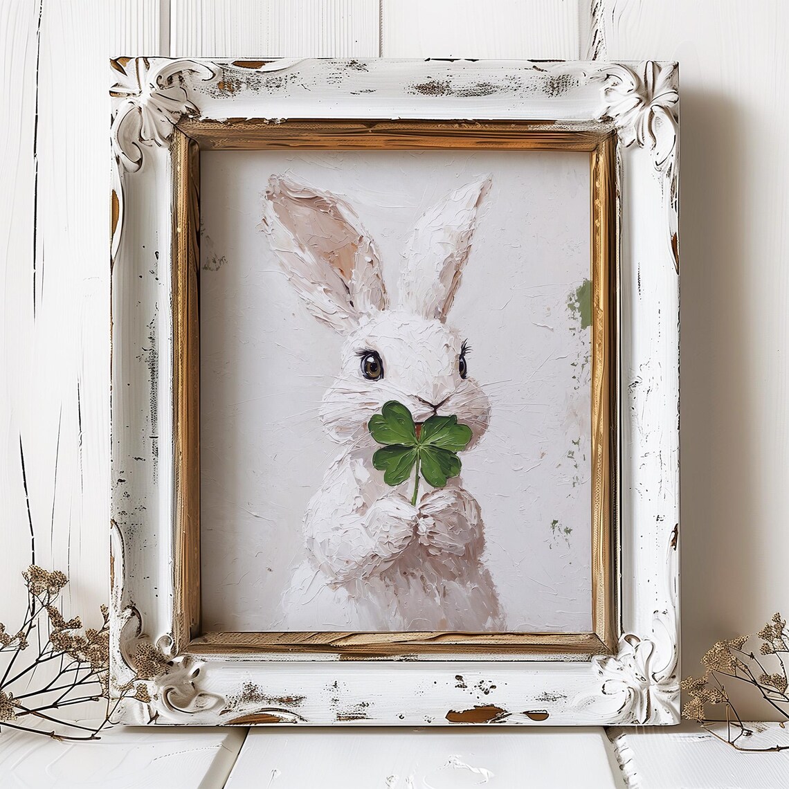 Shamrock Painting St Patricks Day Gift Bunny Poster Four Leaf Clover Art Rabbit Print From An Original Oil