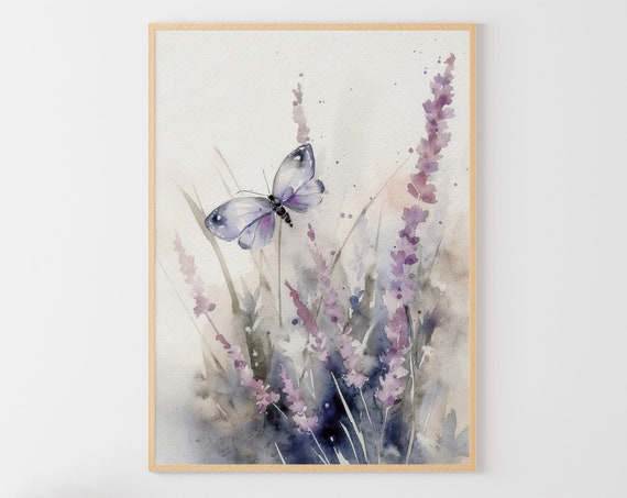 Butterfly Painting Lavender Watercolor Wildflowers Wall Art Floral Art Print Meadow Poster