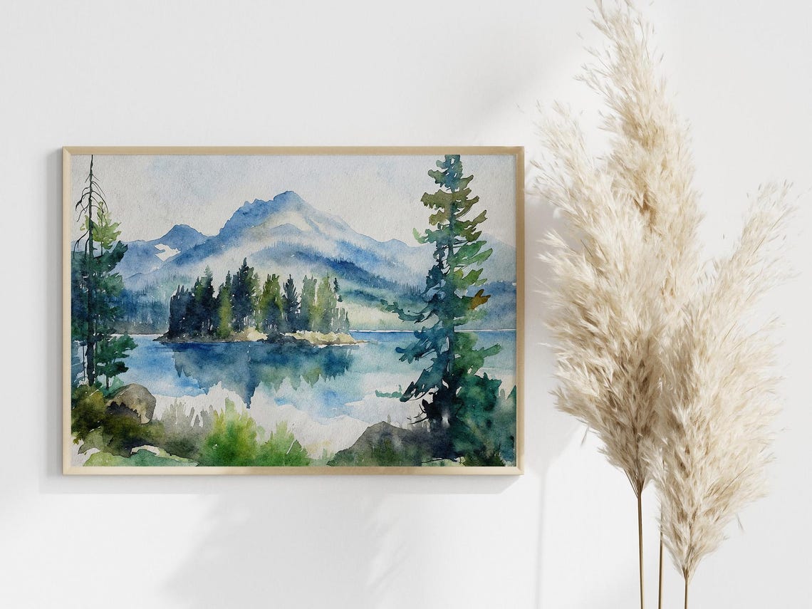 Alpine Mountain Lake Pine Island Reflection Watercolor Scenic Poster - Image 3