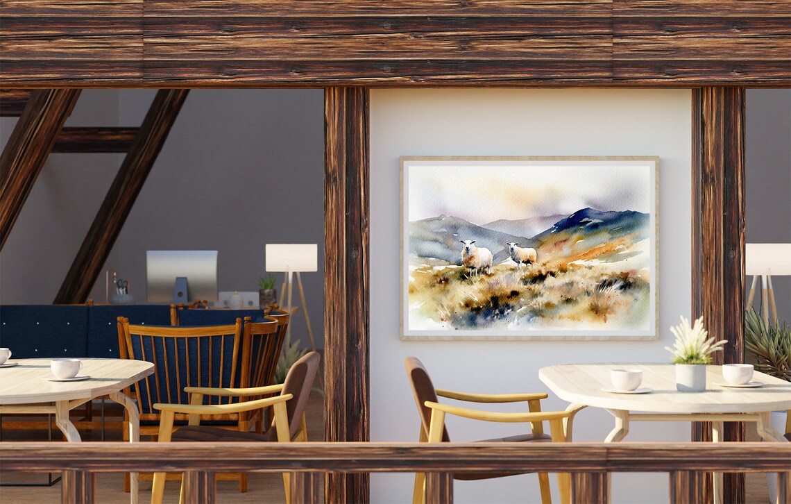 Scottish Hills Watercolor Landscape Sheep Grazing Art Print - Image 2