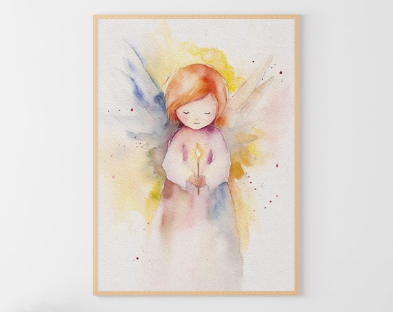 Cute Angel Watercolor Painting Nursery Wall Art Little Angel Poster Kid Angel Art Print