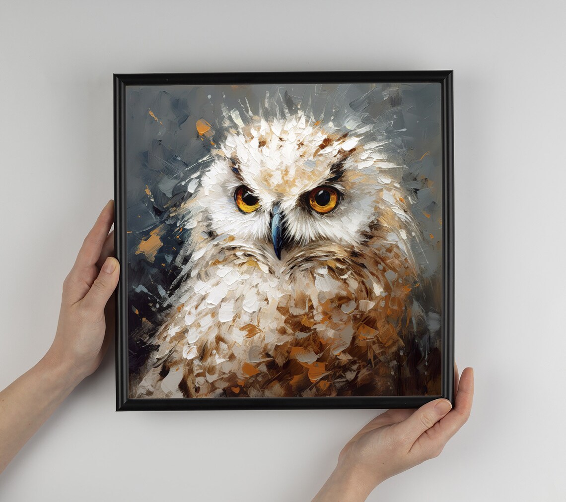 White Owl Golden Eyes Impasto Oil Painting Wild Bird Animal Art Poster - Image 2