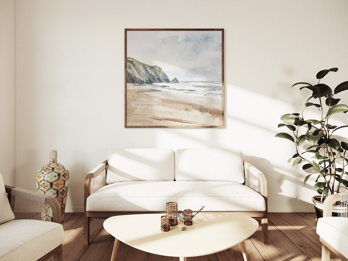 Cornwall England Sandy Beach Cliffs Neutral Seascape Art Poster - Image 4