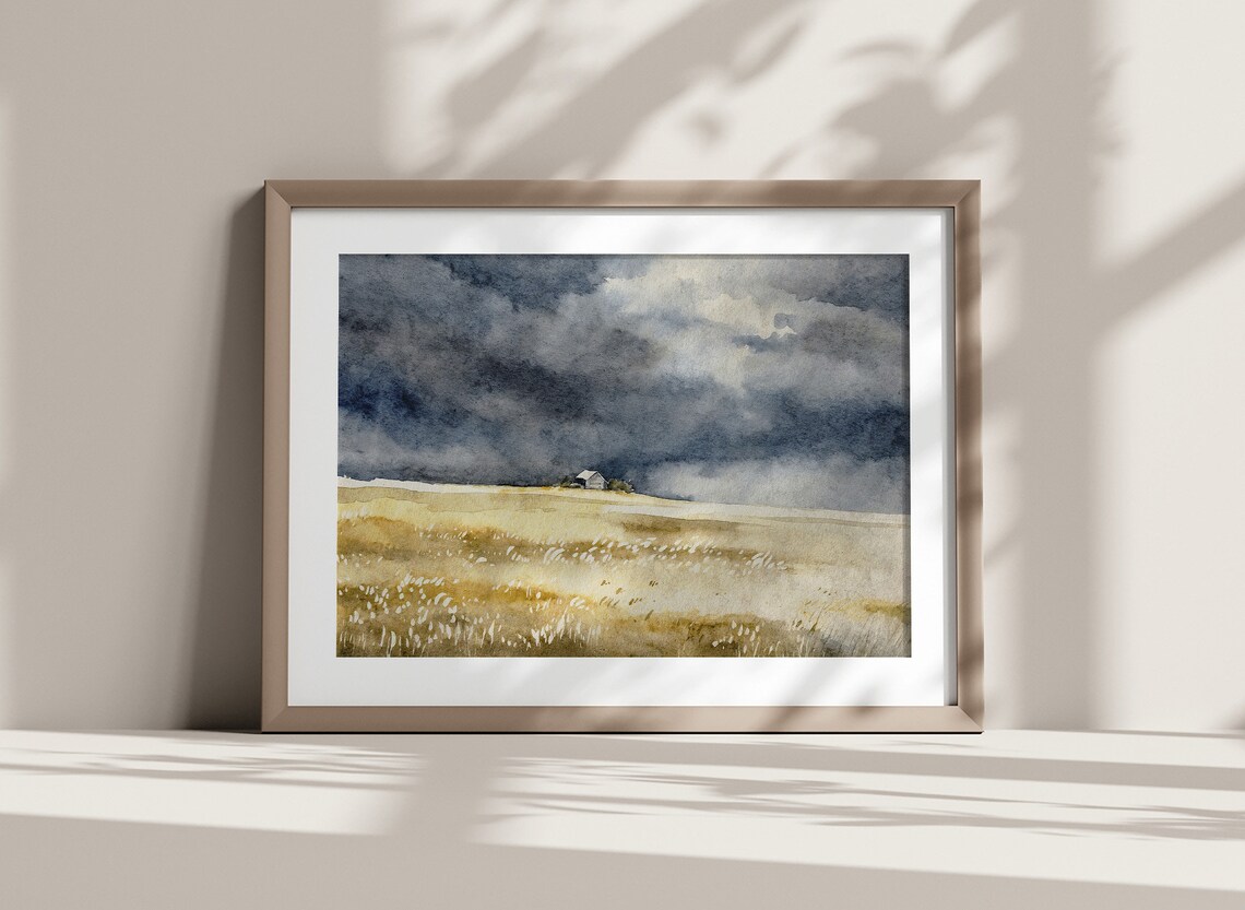 Golden Wheat Field Stormy Sky Lonely Barn Countryside Art Poster - Image 2