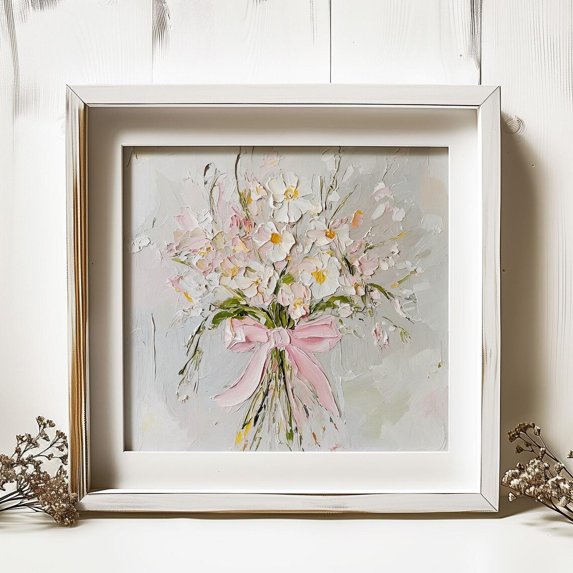 Wildflowers With Pink Bow, Neutral Beige Art Print - Image 4