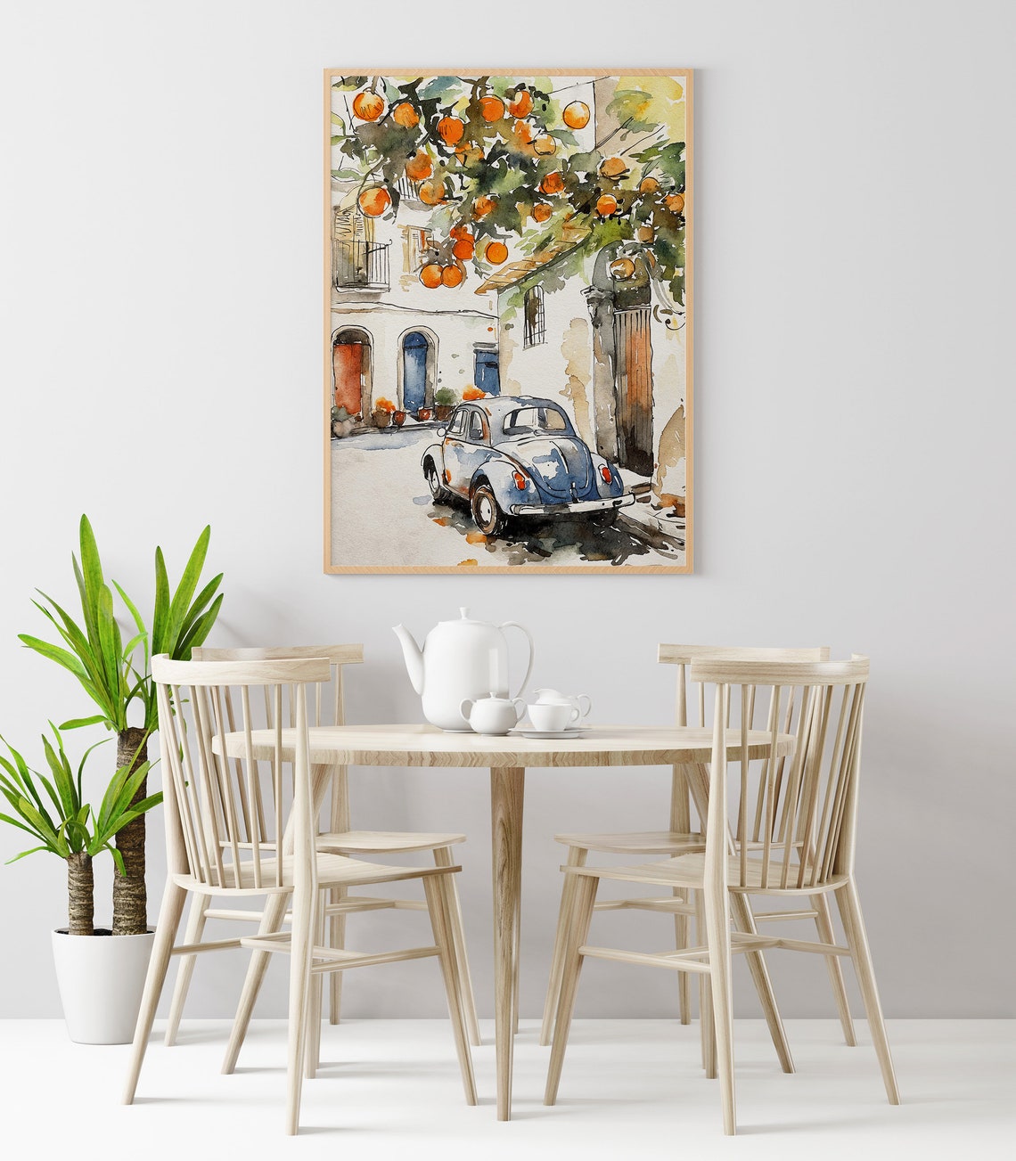 Amalfi Cityscape Watercolor Fiat 500 Painting Orange Tree Art Print Italian Street Artwork Travel Wall Art - Image 4