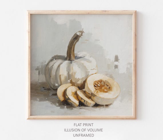 White Pumpkin Still Life Oil Painting Neutral Autumn Art Print