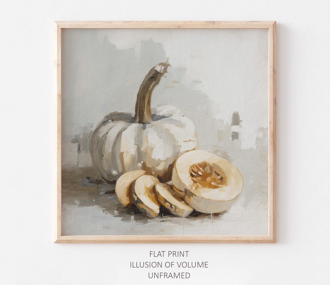 White Pumpkin Still Life Oil Painting Neutral Autumn Art Print
