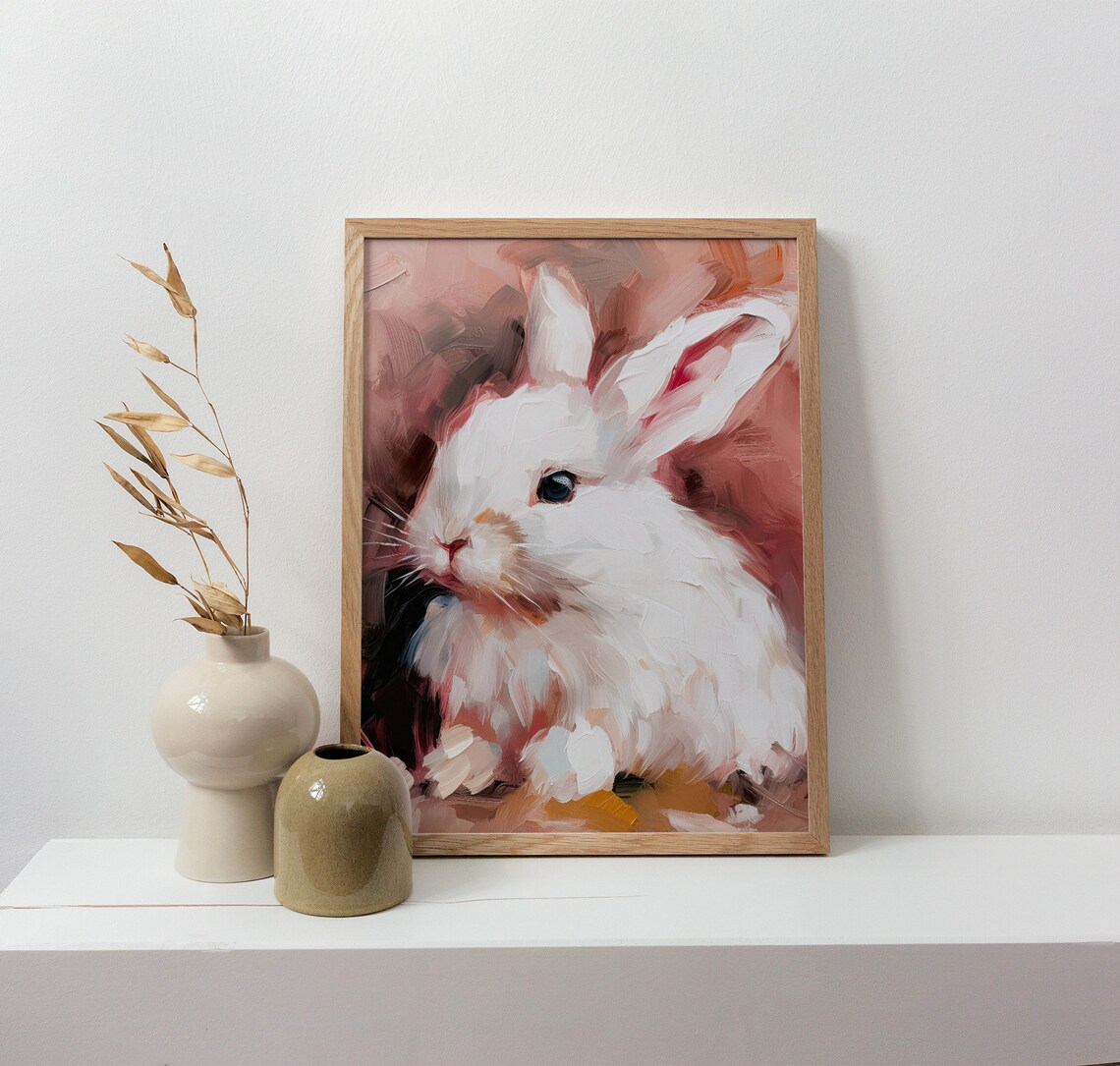 White Bunny Rabbit Impasto Oil Painting Cute Baby Rabbit Animal Art Poster - Image 4