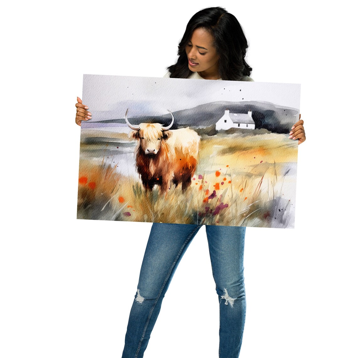 Highlands Cow Watercolor Art Print, Scotland Landscape - Image 2