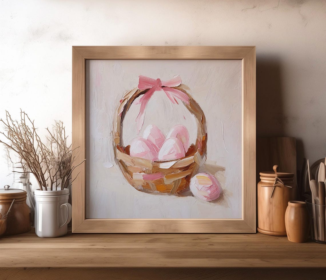 Easter Basket Pink Eggs Bow Impasto Oil Painting Spring Wall Art Print - Image 4