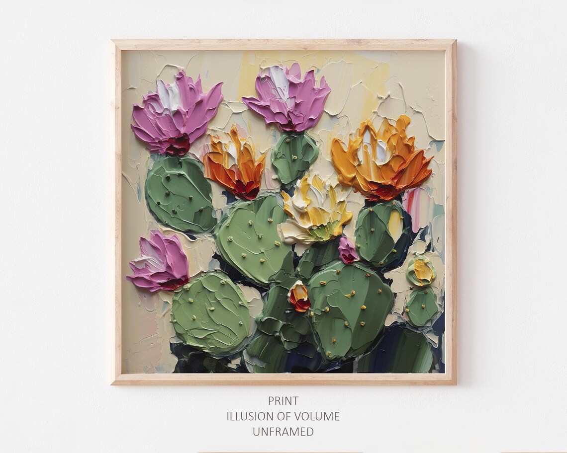 Cactus Flowers Oil Painting Art Print, Botanical Decor