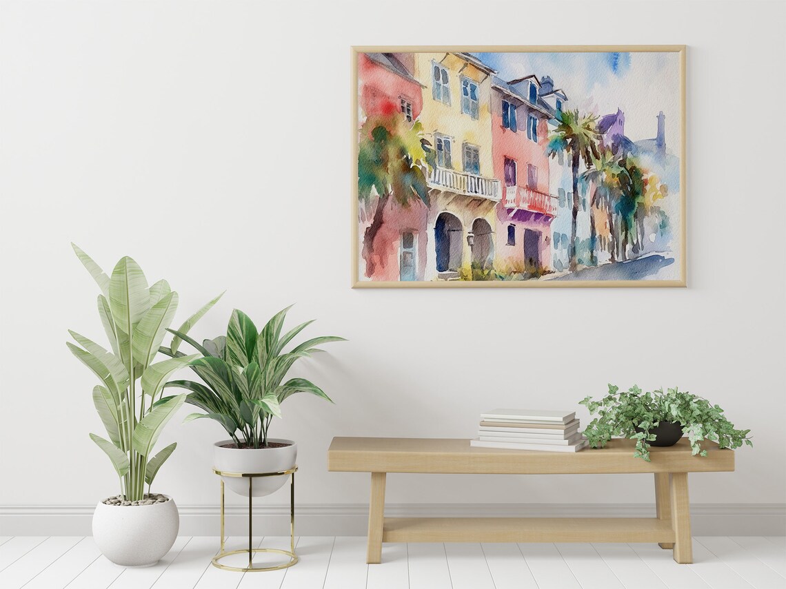 Rainbow Row Charleston Cityscape, Watercolor Art Print - Image 5