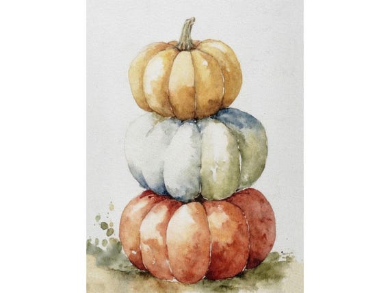 Stacked Pumpkins Watercolor Topiary Autumn Harvest Art Print