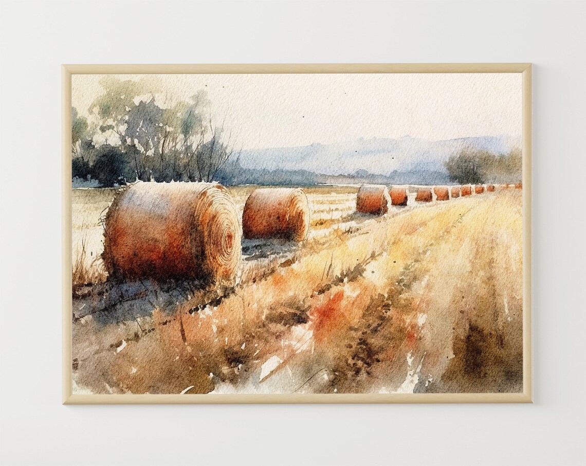 Haystacks Watercolor Farm Landscape Art Print