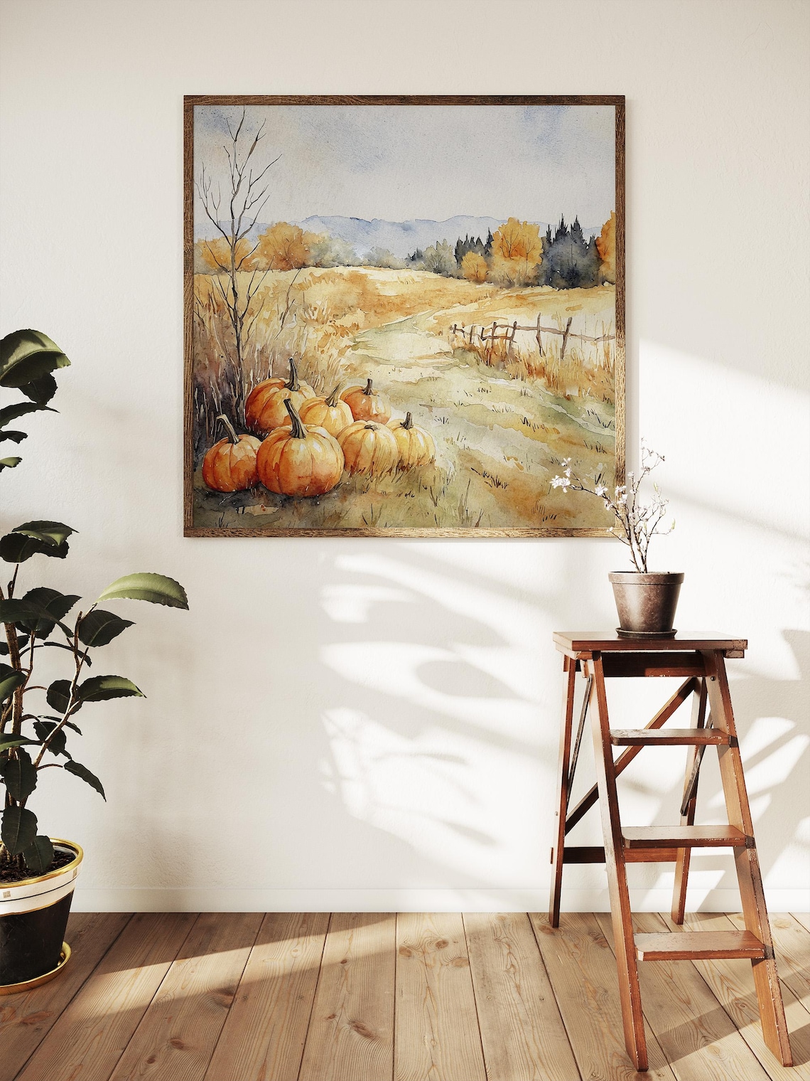Pumpkin Patch Autumn Farm Field Golden Harvest Watercolor Scene Poster - Image 5