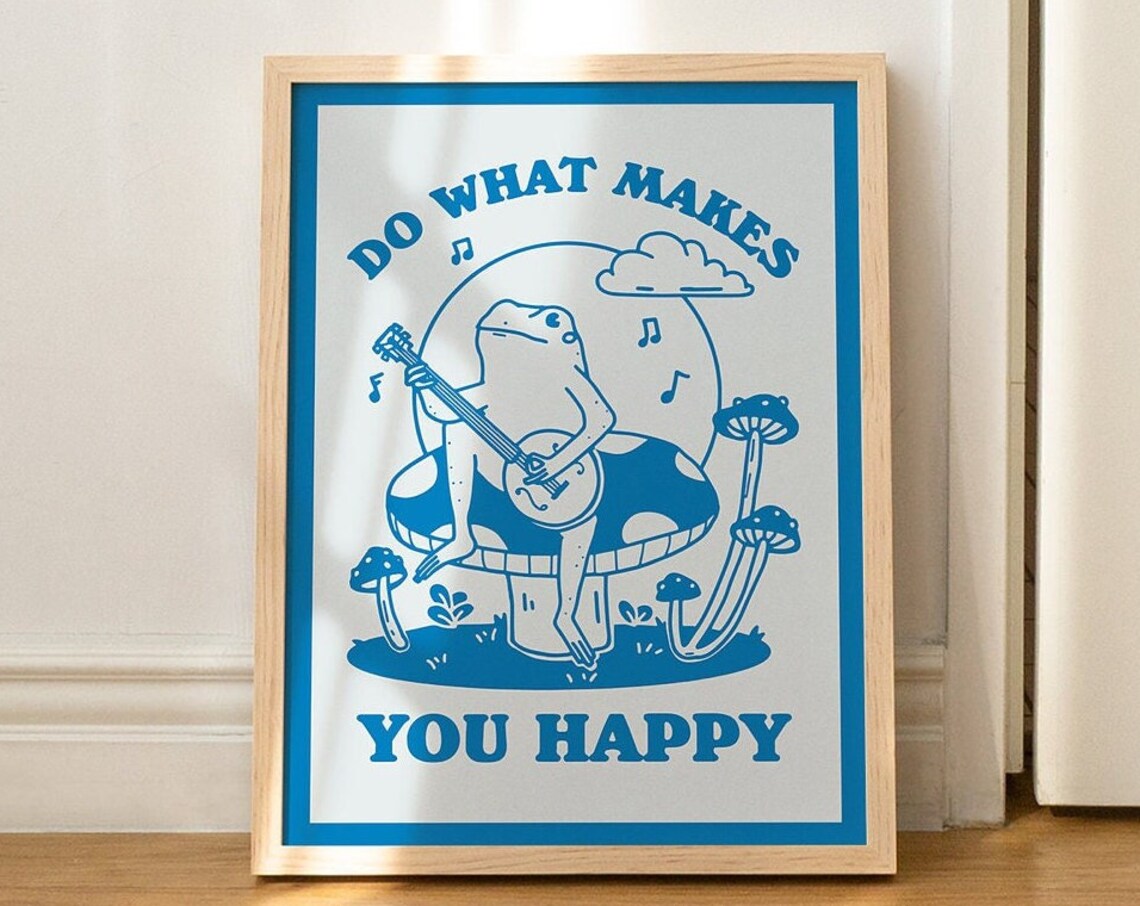 Frog Mushroom Retro Art Print, 70s Decor