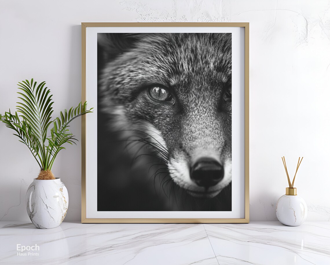 Fox Face Extreme Close Up Black And White Wildlife Photo Poster