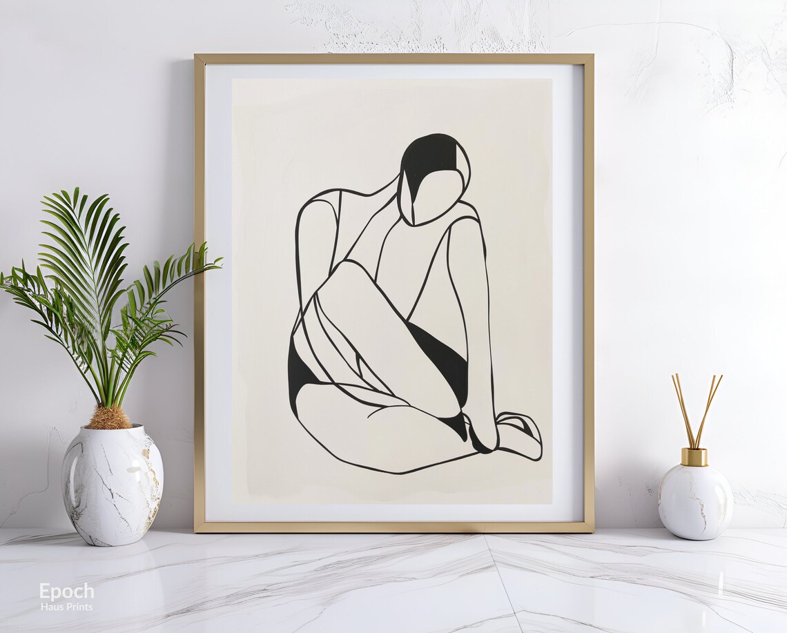 Seated Woman With Tucked Knees Abstract Line Drawing Art Print - Image 3