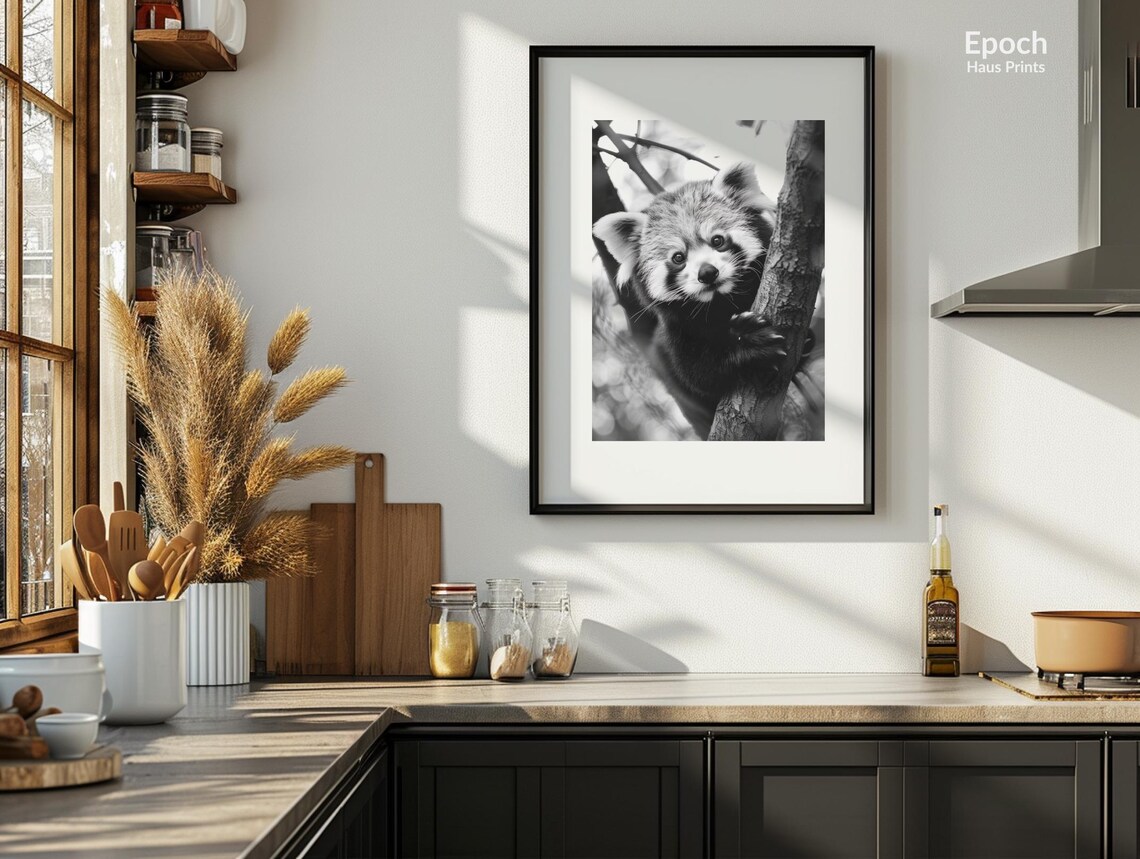 Adorable Baby Red Panda Climbing Tree Black White Photo Poster - Image 3