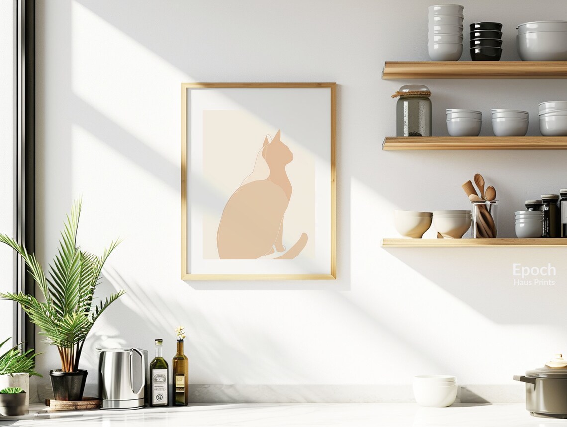 Seated Cat Profile Minimalist Beige Line Drawing Fine Art Poster - Image 2