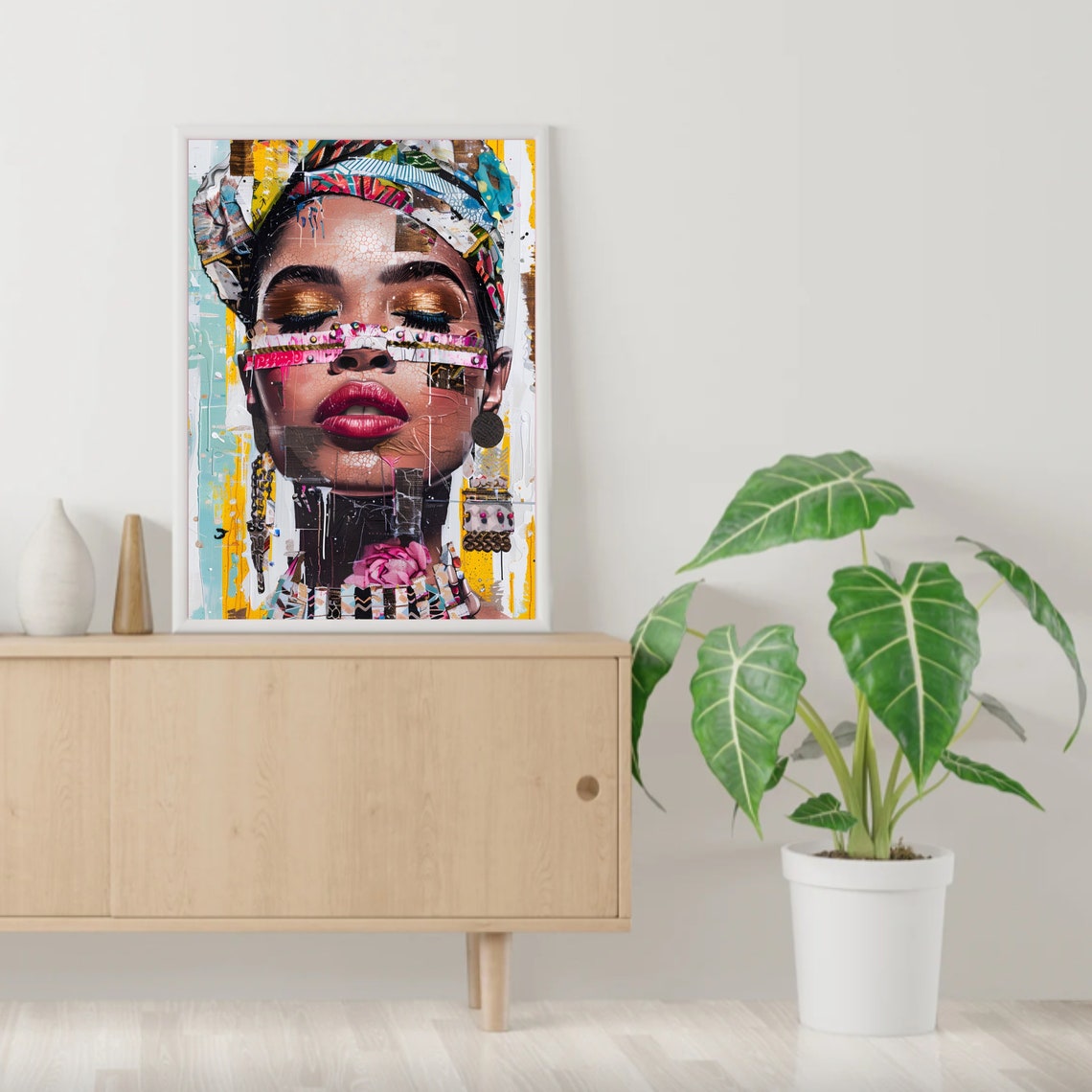 Eclectic Woman Gold Eyeshadow Beaded Headwrap Pop Art Portrait Poster - Image 2