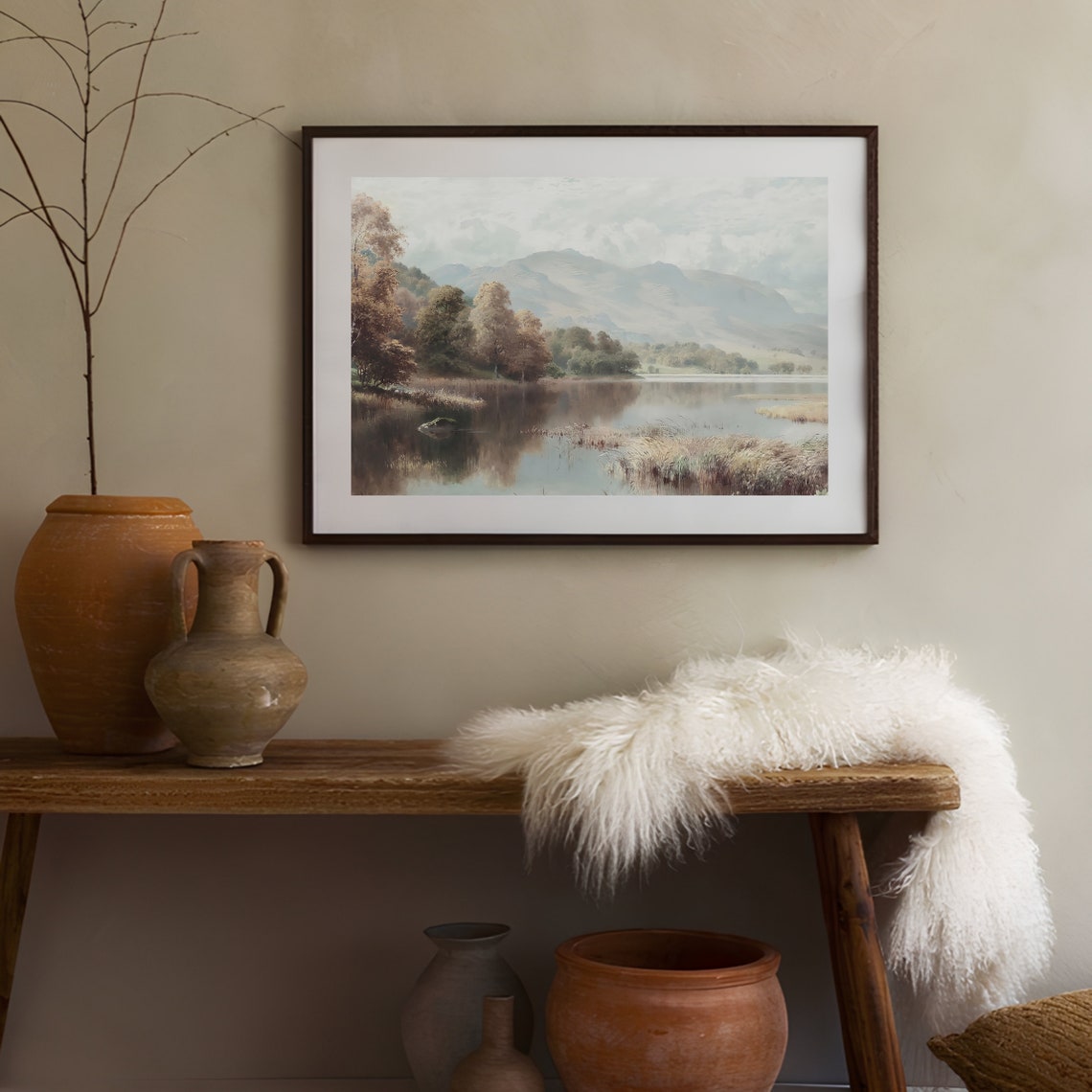 Vintage Misty Mountain Lake Landscape Painting Rustic Wall Art - Image 3