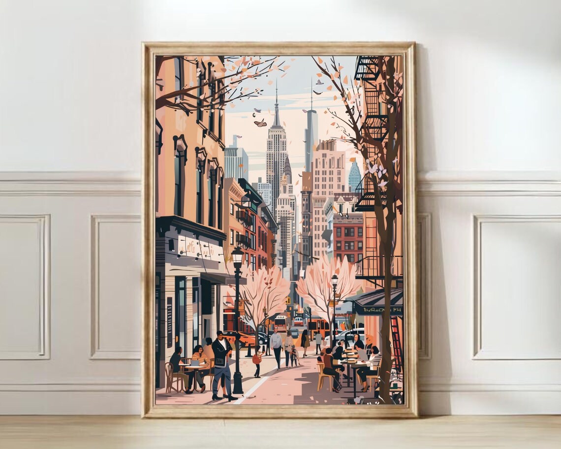 New York City Spring Cherry Blossom Street Illustrated Art Poster