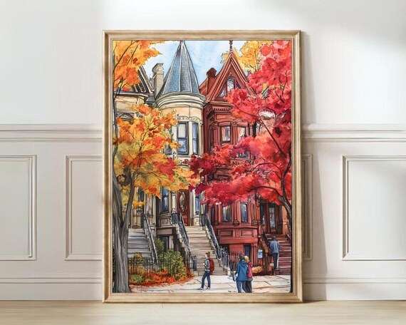 Brooklyn Brownstones Autumn Fall Foliage Watercolor Street Poster