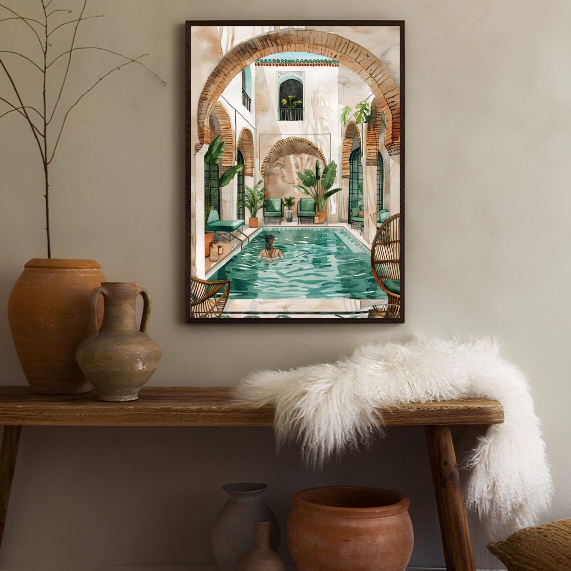 Morocco Riad Pool Illustration, Watercolor Art Print - Image 3
