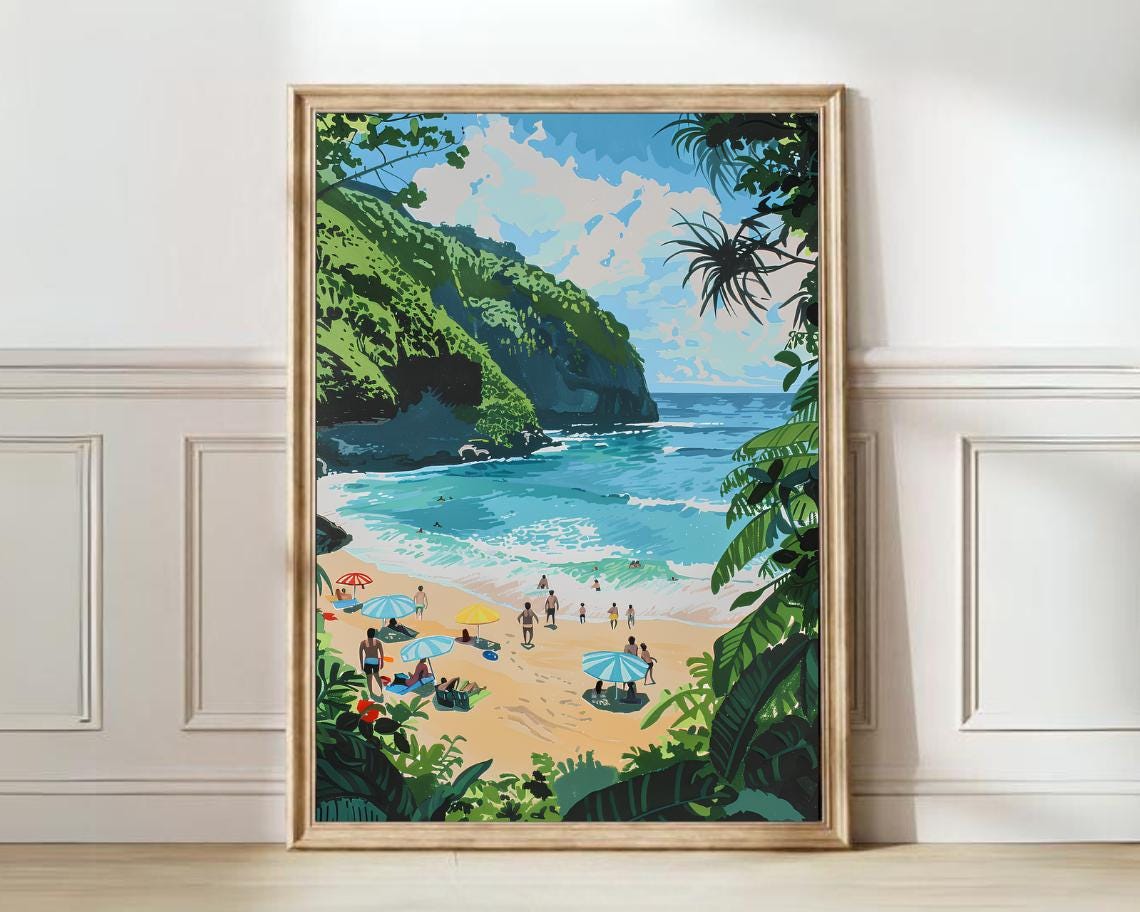 Capri Italy Secluded Beach Cove With Umbrellas Summer Art Poster