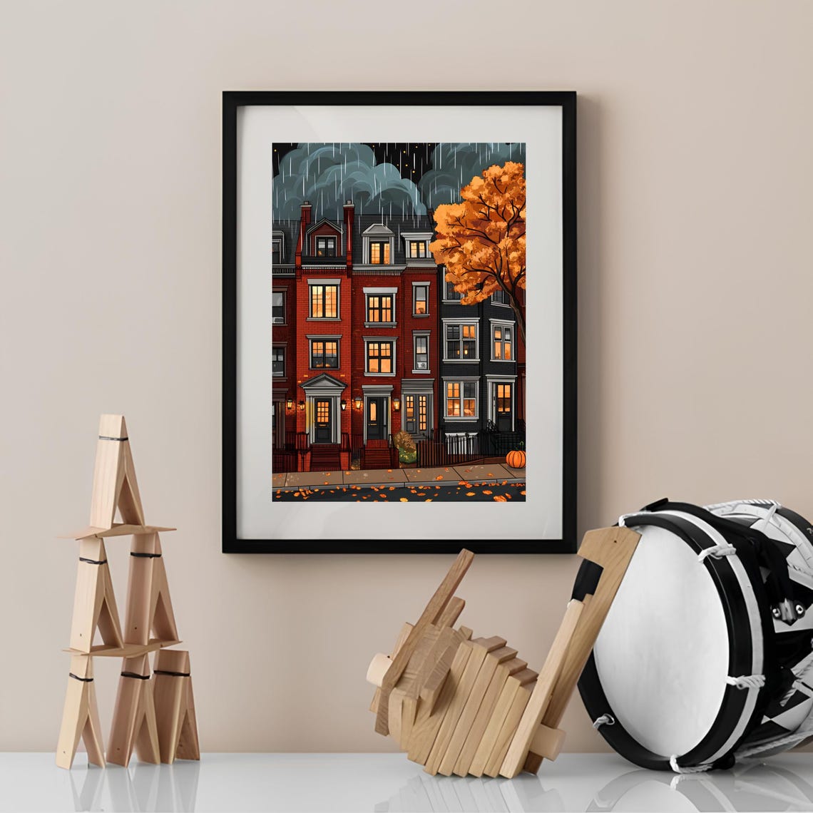 Chicago Brick Rowhouses Rainy Autumn Night Illustration Poster - Image 2
