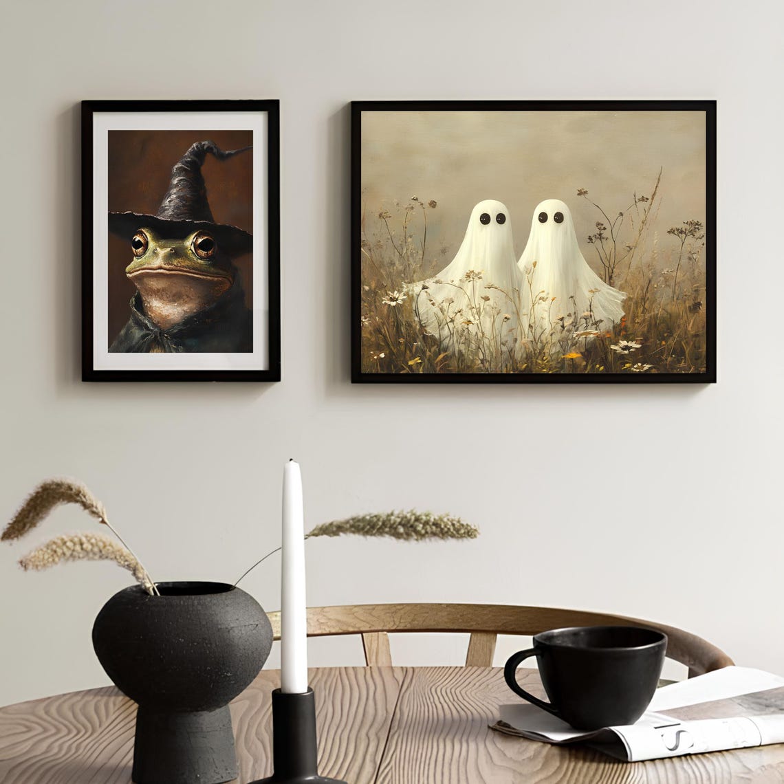Two Cute Ghosts In Wildflower Meadow Vintage Halloween Poster - Image 3