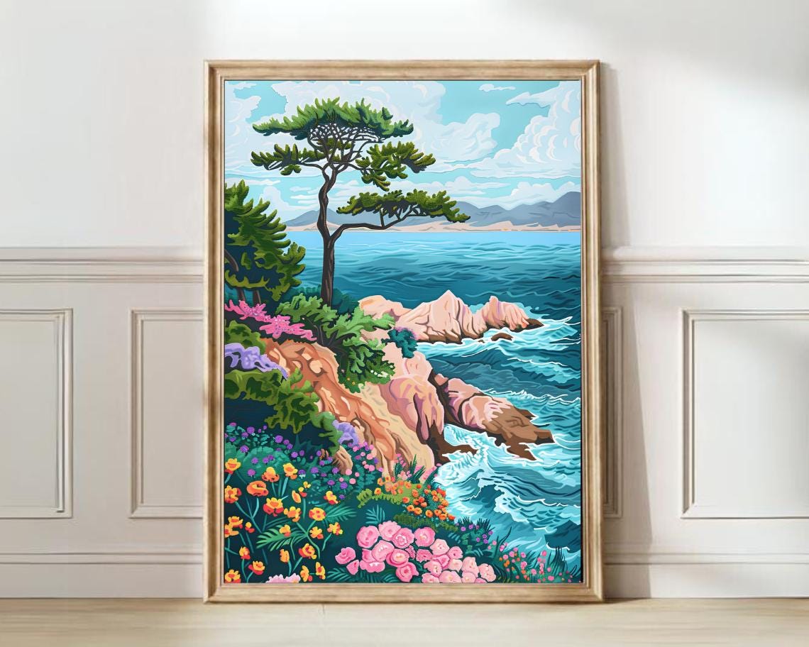 Greece Coastal Cliff Lone Cypress Tree Ocean Flowers Art Poster