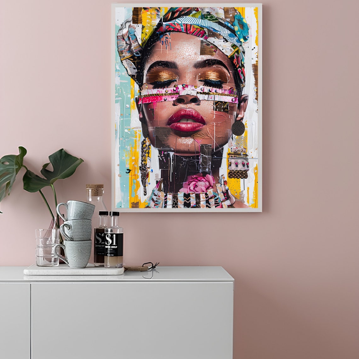 Eclectic Woman Gold Eyeshadow Beaded Headwrap Pop Art Portrait Poster - Image 3