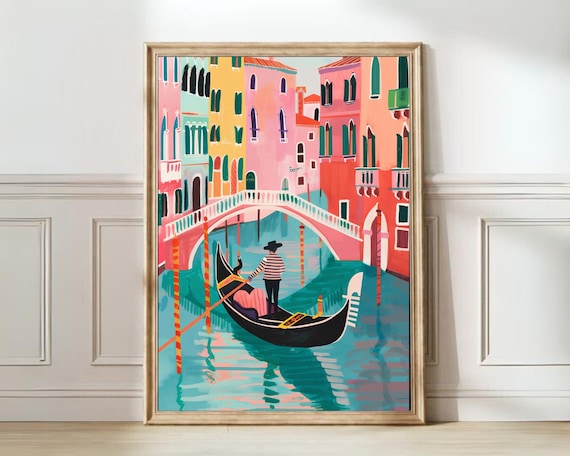 Venice Gondola Under Bridge with Colorful Pastel Palazzos Poster