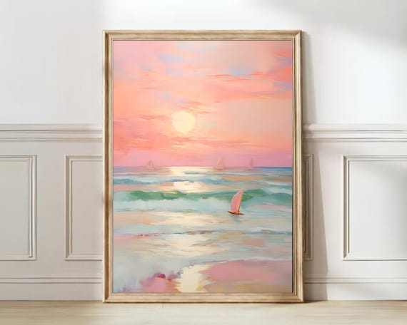 Pink Pastel Beach Sunset Sailboats Dreamy Coastal Painting Poster