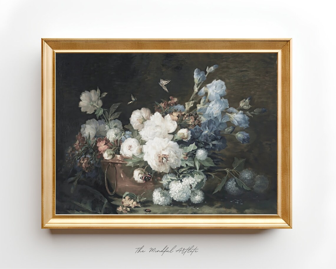 Vintage Peony and Wildflower Still Life Oil Painting Wall Print