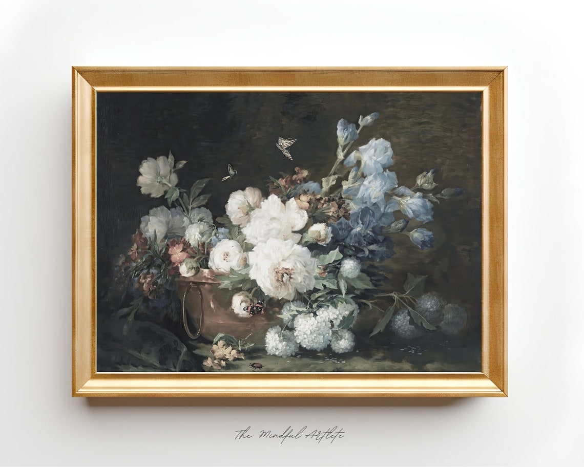 Vintage Wildflowers Painting Vintage Flower Print Blue Floral Print Vintage Peonies Print Still Life Farmhouse Decor