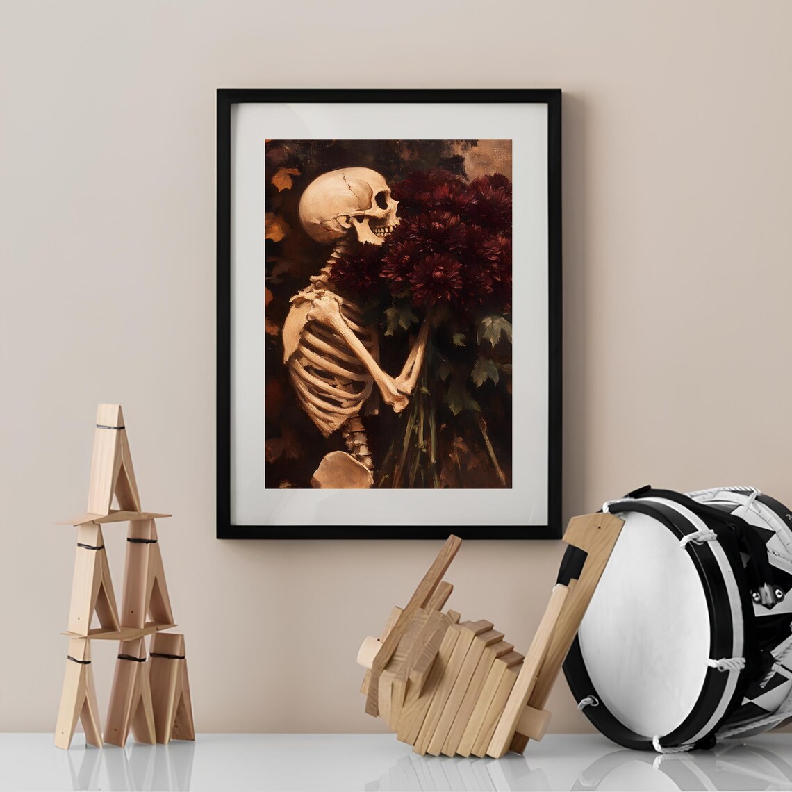 Skeleton Holding Dark Red Bouquet Moody Oil Painting Halloween Poster - Image 2