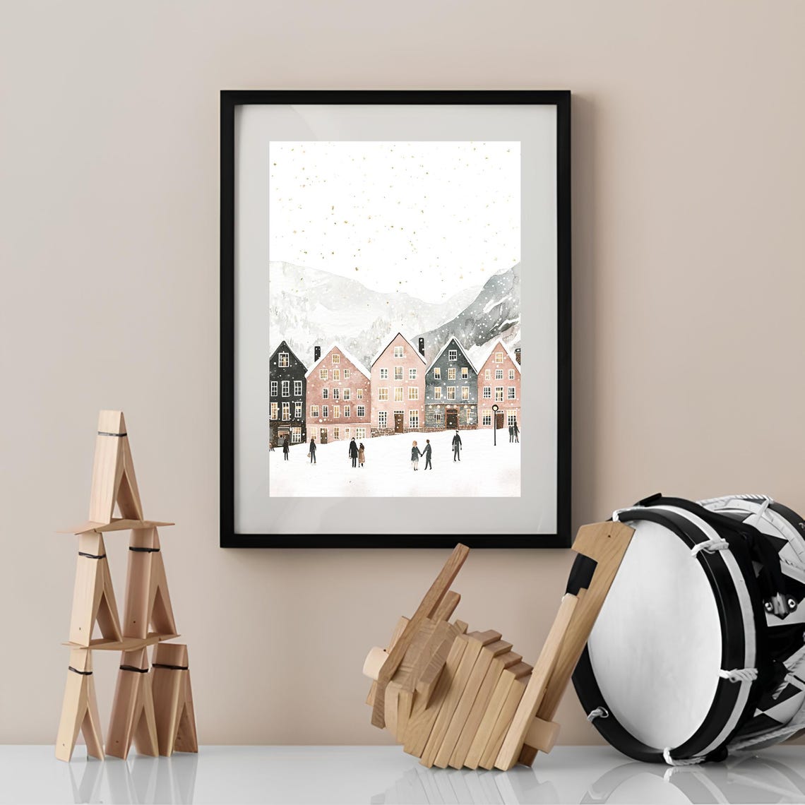 Norway Winter Village Snowfall Muted Pastel Houses Art Poster - Image 2