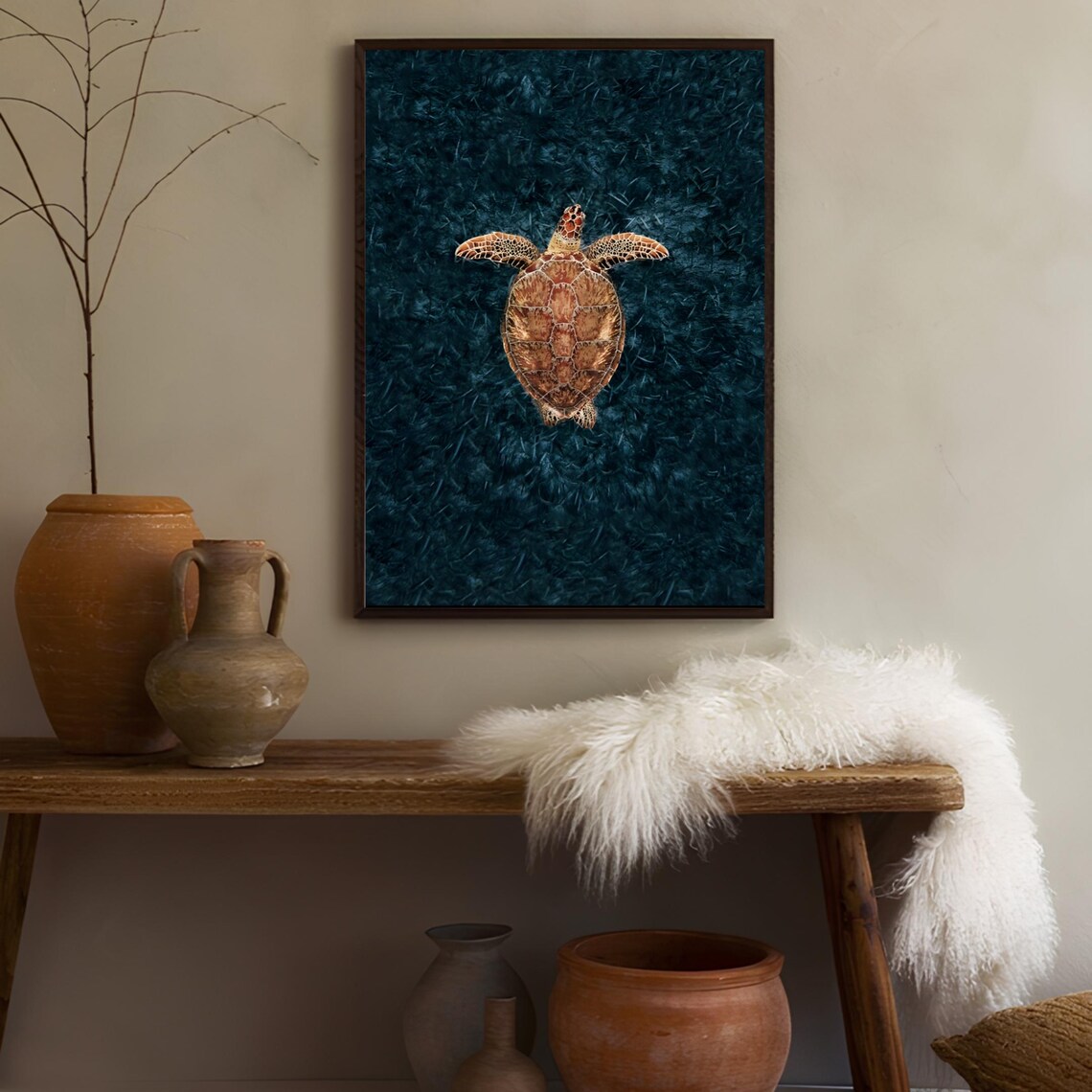 Sea Turtle Swimming Aerial Ocean Photography Dark Teal Poster - Image 2