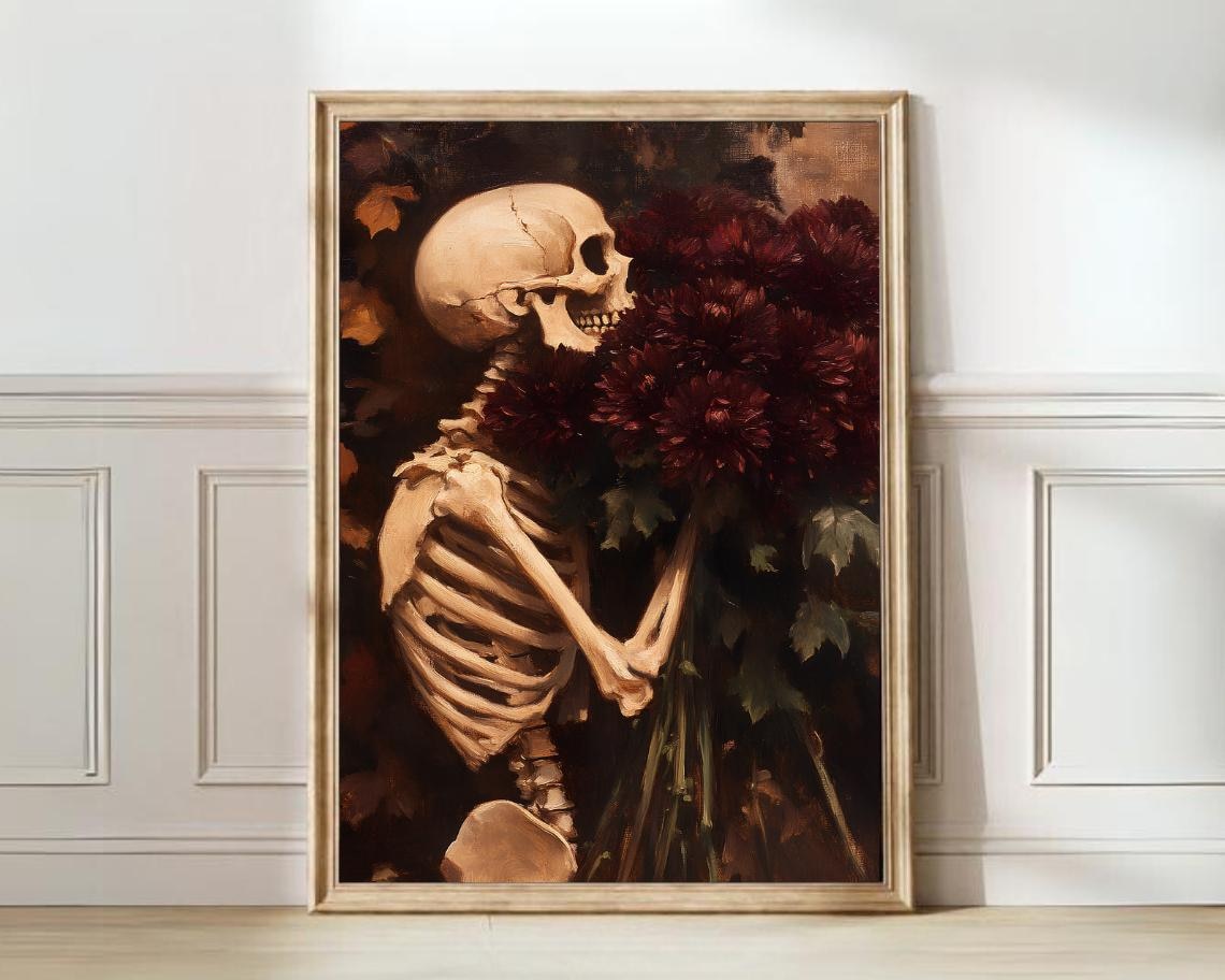 Skeleton Holding Dark Red Bouquet Moody Oil Painting Halloween Poster