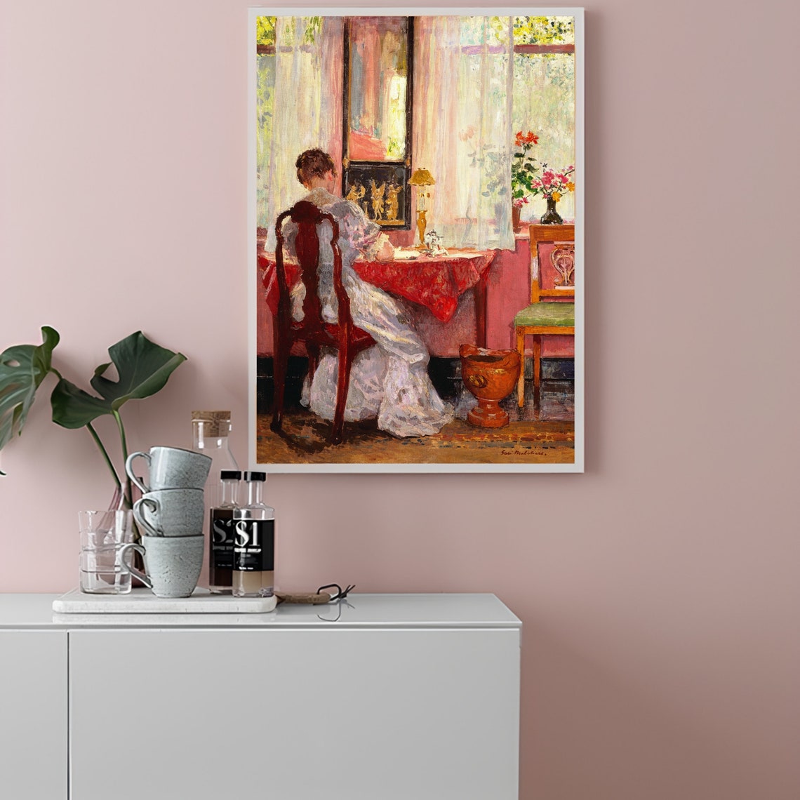 Impressionist Woman Writing at a Sunlit Pink Curtain Window Poster - Image 3
