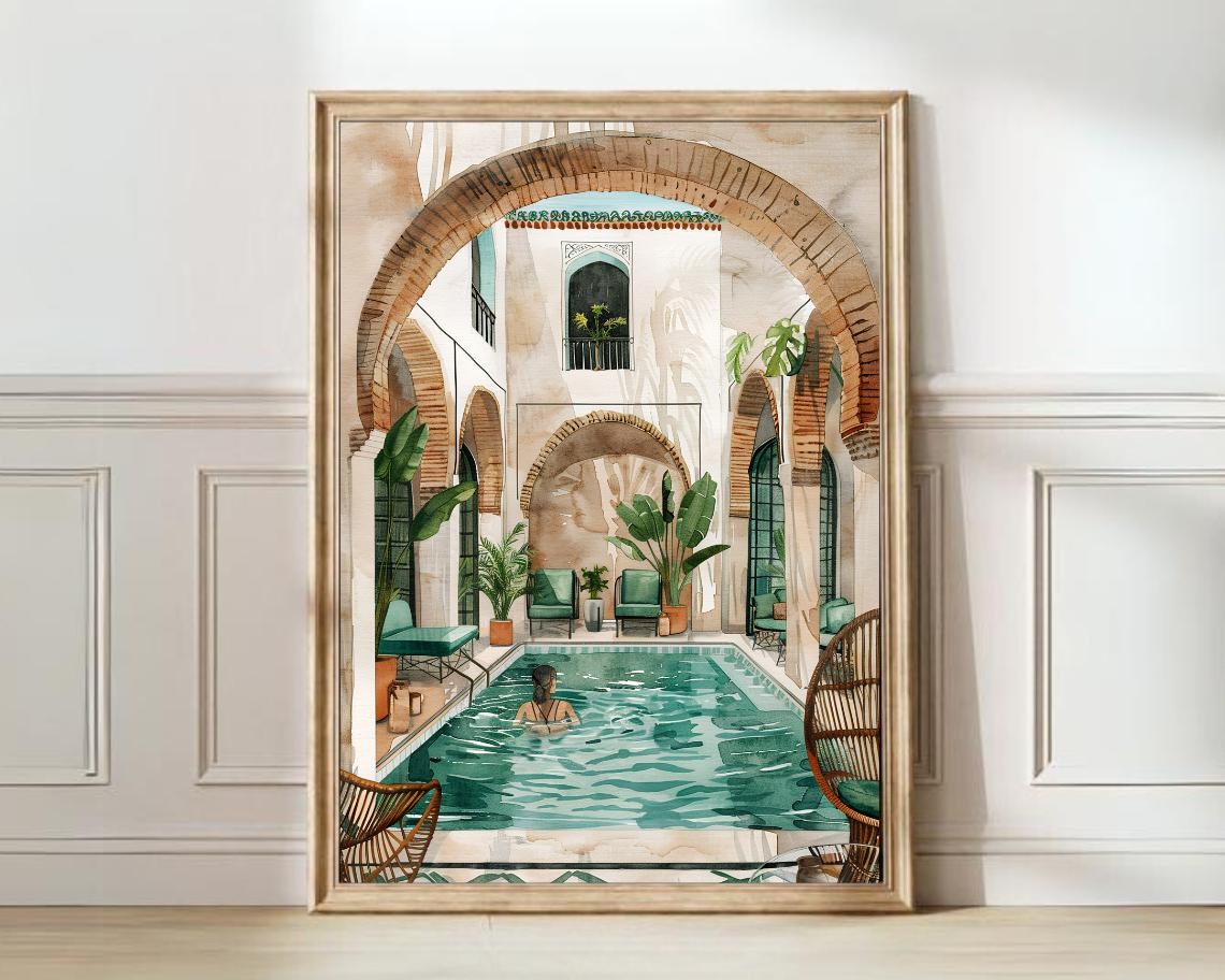 Morocco Riad Pool Illustration, Watercolor Art Print