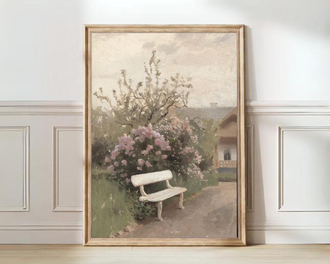 Vintage Meadow Landscape, Farmhouse Art Print